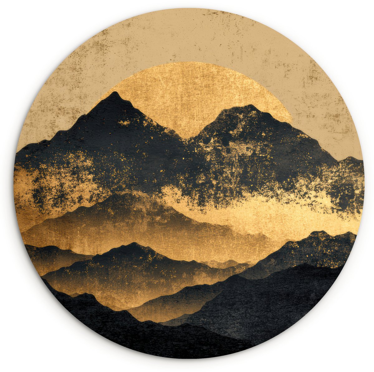 WallCircle Wandcirkel 30x30 cm - Muurcirkel Gouden Bergen bij Maanlicht - Muurdecoratie woonkamer - Wanddecoratie slaapkamer - Kamer decoratie accessoires - Ronde schilderijen Bergen - Goud - Schilderij
