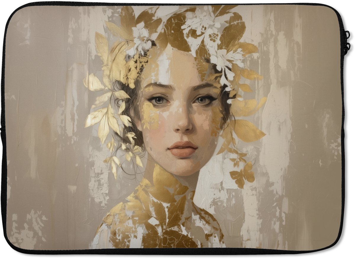Laptophoes 14 inch - Gezicht - Vrouw - Bladeren - Goud - Laptop sleeve - Binnenmaat 33x23 cm - Zwarte achterkant