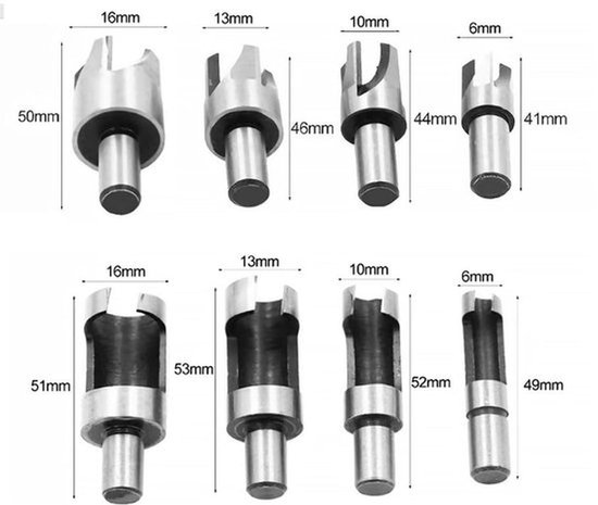 Afmetingen van 8 houtsnijders, maten 6mm, 10mm, 13mm, 16mm. Hoogtes variëren van 41mm tot 53mm.