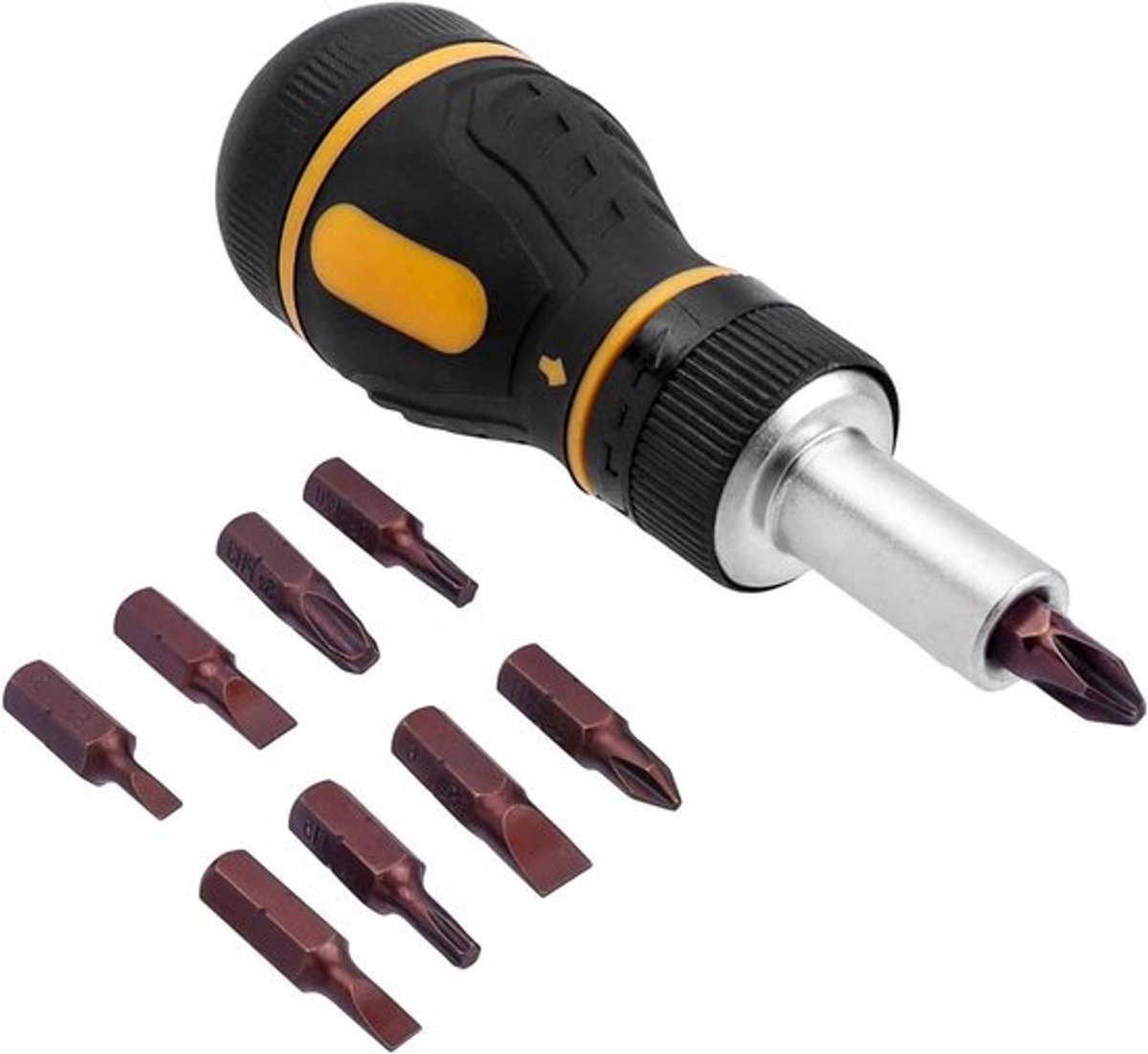 Stubby Ratelschroevendraaier met 9 Bits, Magnetisch, Torx-beveiliging, Phillips, Platte Kop - Multifunctionele Mini Schroevendraaier