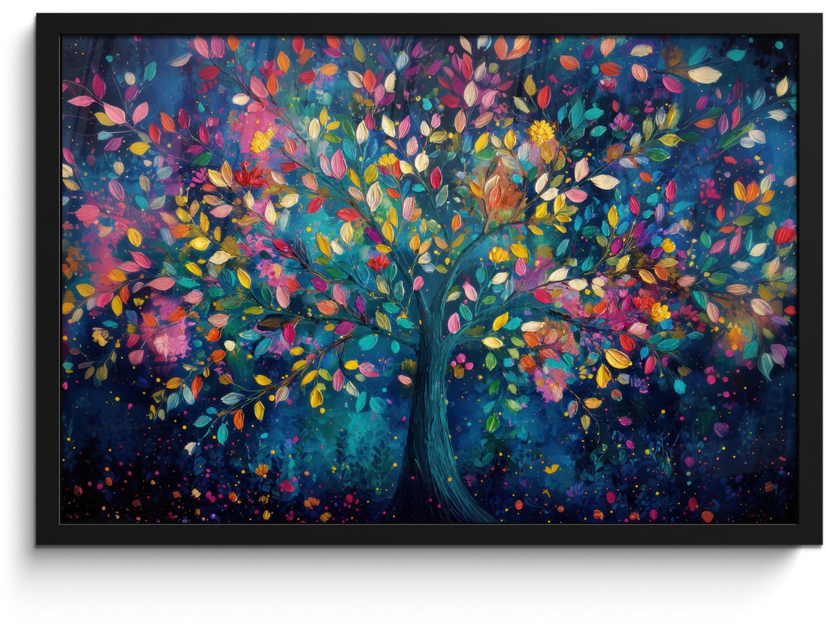 FrameYourWall Poster in lijst - Fotolijst 60x40 cm - Posters - Kleurrijk - Boom - Magisch - Abstract - Posterlijst zwart - Decoratie - Wanddecoratie woonkamer - Muurdecoratie slaapkamer