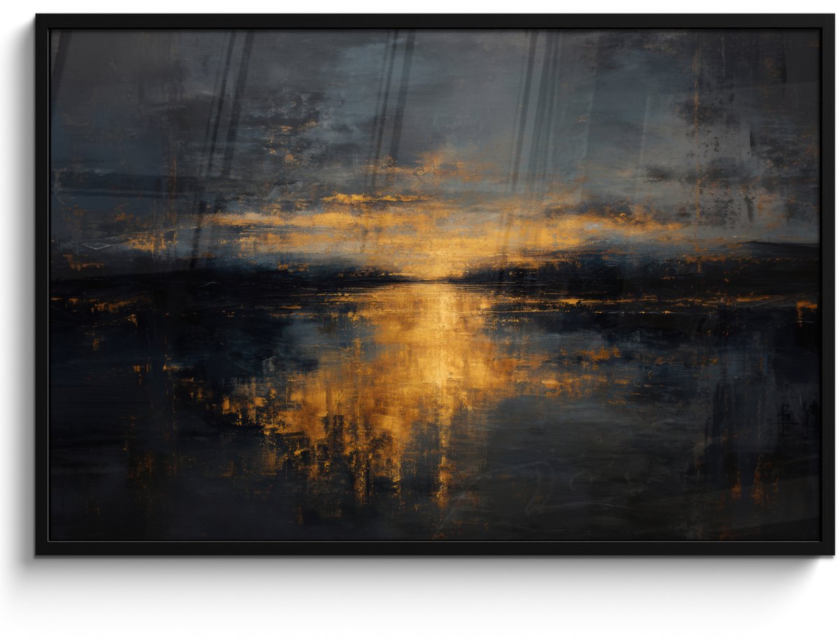 FrameYourWall Poster in lijst - Fotolijst 120x80 cm - Posters - Gouden Reflectie op Water - Posterlijst zwart - Decoratie - Wanddecoratie woonkamer - Muurdecoratie slaapkamer Water - Goud - Reflectie