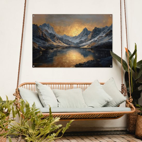 Affiche de jardin 120x80 cm - Décoration de jardin Paysage montagneux avec Coucher de soleil doré - Affiche pour le jardin - Décoration extérieure - Peinture de clôture de jardin - Toile de jardin décoration murale - Décoration murale toile de balcon