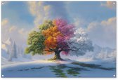 Tuinposter 120x80 cm - Tuindecoratie Boom - Seizoenen - Winter - Landschap - Poster voor in de tuin - Buiten decoratie - Schutting tuinschilderij - Tuindoek muurdecoratie - Wanddecoratie balkondoek