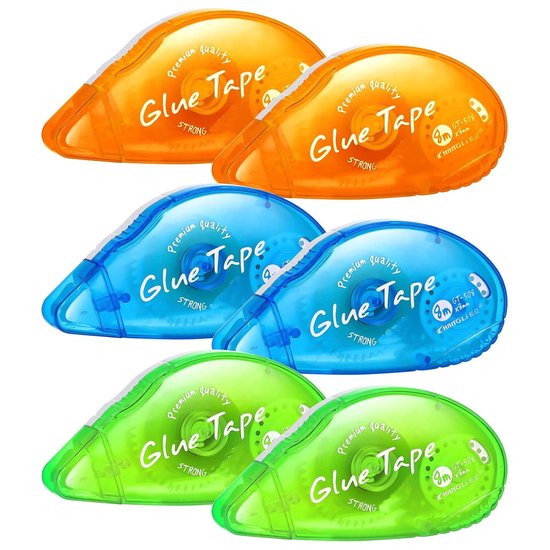Drie sets van twee dubbelzijdige lijmrollers: oranje, blauw en groen, met "Glue Tape STRONG" opdruk.
