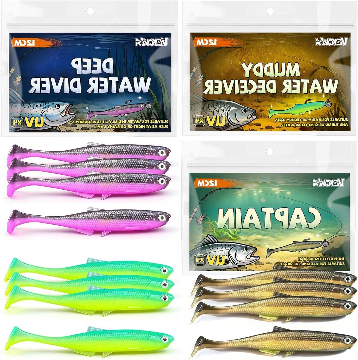 Provento - Vissen - Snoekbaars - Softbait - 12 cm - Baars - 4 stuks - Rubberen aas - UV-actief - Set - Visaas - Geschikt voor snoekbaars vissen - Rubber model