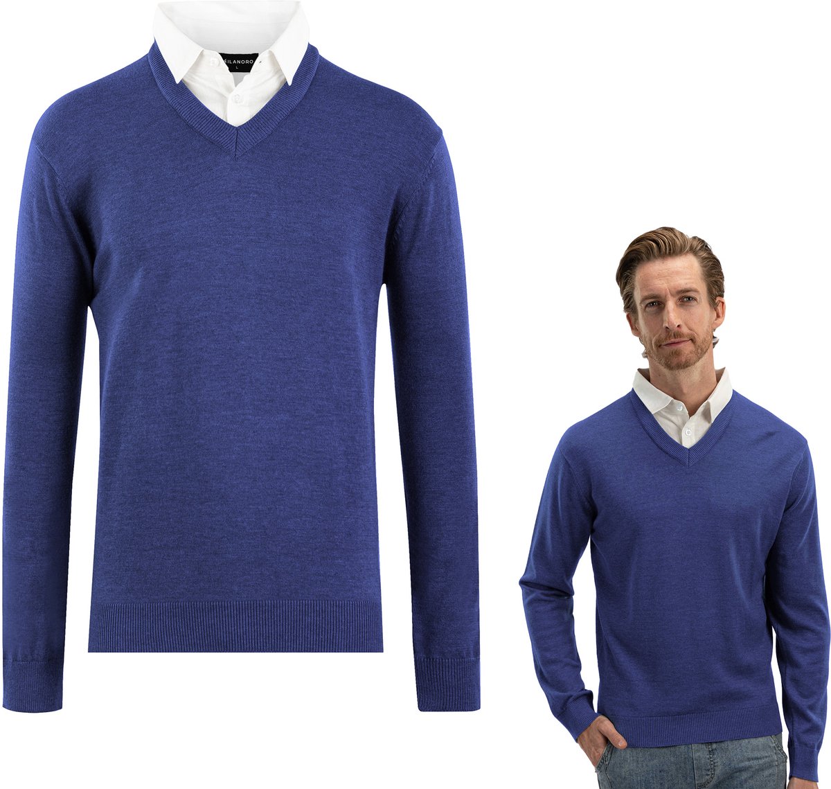 Milanoro - Herenpullover met overhemdkraag - Blauw - S