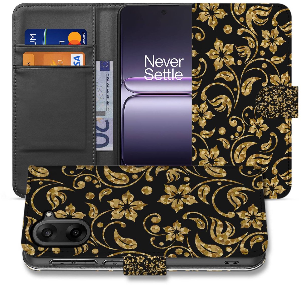 Elegant Gouden Bloemen Bookcase Hoesje voor OnePlus Nord CE 5 met Pasjesvak