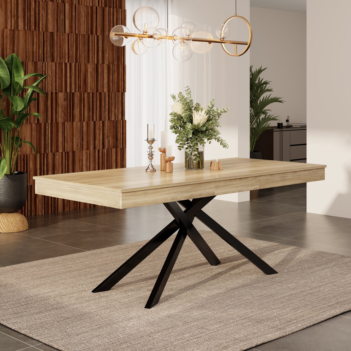 Sweiko Uitschuifbare Eettafel - 140/180 x 80 cm - Houtnerf - Versterkt tafelblad - Metalen poten - Natuurlijke