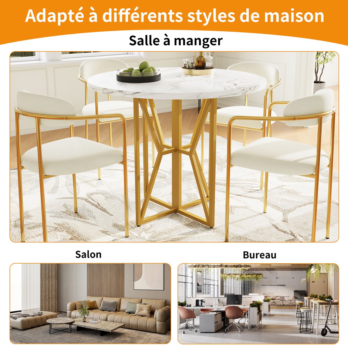 STILVORA Eettafel - Rond 80x80x76 Cm - Marmerlook MDF Blad Met Gouden Poten - Verstelbare Pootjes En 60Kg Draagkracht - MDF+Metaal - Goud