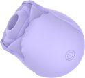Lila rozenvormige vibrator met stroomsymbool, op zwarte achtergrond.