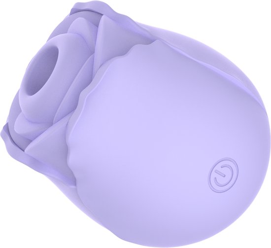 Lila rozenvormige vibrator met stroomsymbool, op zwarte achtergrond.