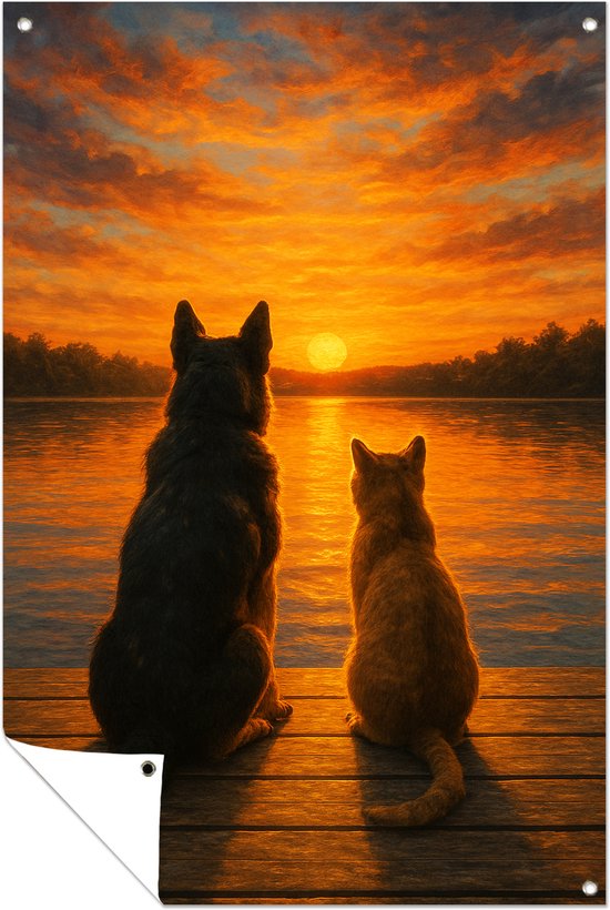 Hond en kat avondzon – buiten decoratie – Tuinposter – 60x90 cm