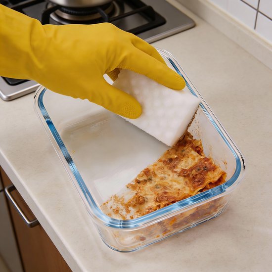 BARDI 5 Delige Glazen Meal Prep Bakjes Inclusief 10 Stuks Wonderspons - Glazen Vershoudbakjes - Glazen Opbergbakken - Diepvriesbakken - Luchtdicht - BPA Vrij - 1060ML - Glas - Zwarte Clips van Merkloos — afbeelding 2