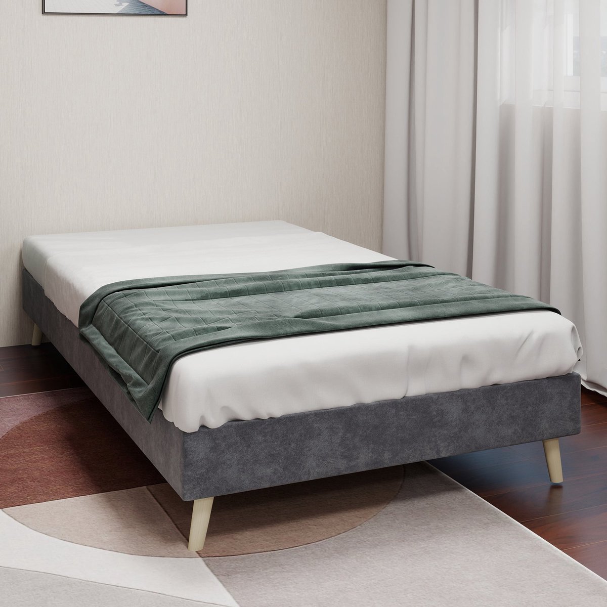 Merax Gestoffeerd Bed 90 x 200 cm - Laag Bedframe - Fluwelen Stof - Metalen Frame - Houten Lattenbodem - Grijs