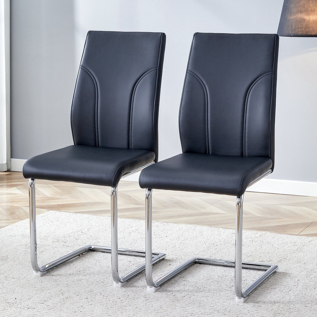 Merax Eetkamerstoelen Set van 2 in Zwart PU Leer – Moderne Slede Stoelen met Zilveren Metalen Frame voor Keuken Woonkamer Kantoor en Restaurant