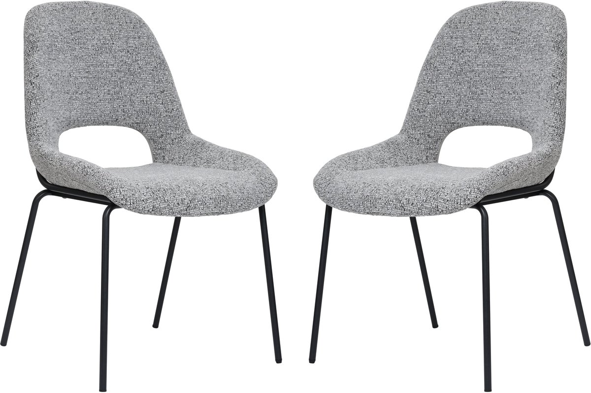 Merax Julie Eetkamerstoelen Lichtgrijs Set van 2 – Bouclé Stoffen Stoelen – Open Rugdesign – Zwarte Metalen Poten