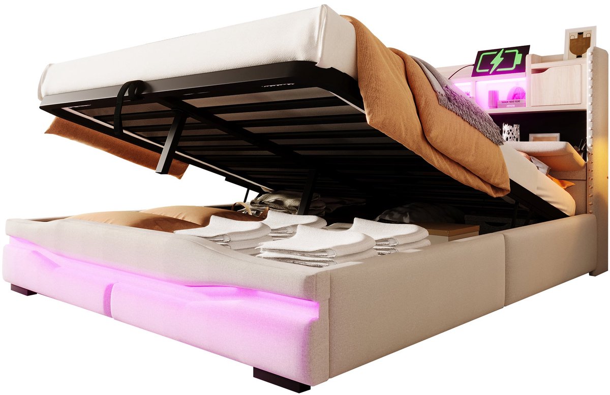 Merax Luxe Opbergbed 160x200 cm – Stoffen Ledikant met Hydraulische Opbergruimte – LED Verlichting met App & Afstandsbediening – Hoofdbord met USB-C & Stopcontact – Beige