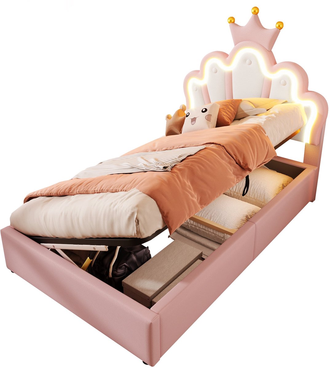 Merax Gestoffeerd Bed 90x200 Prinsessenbed met LED Verlichting Hydraulisch Bedienbare Opbergruimte Verstelbaar Hoofdbord Kunstleer Roze