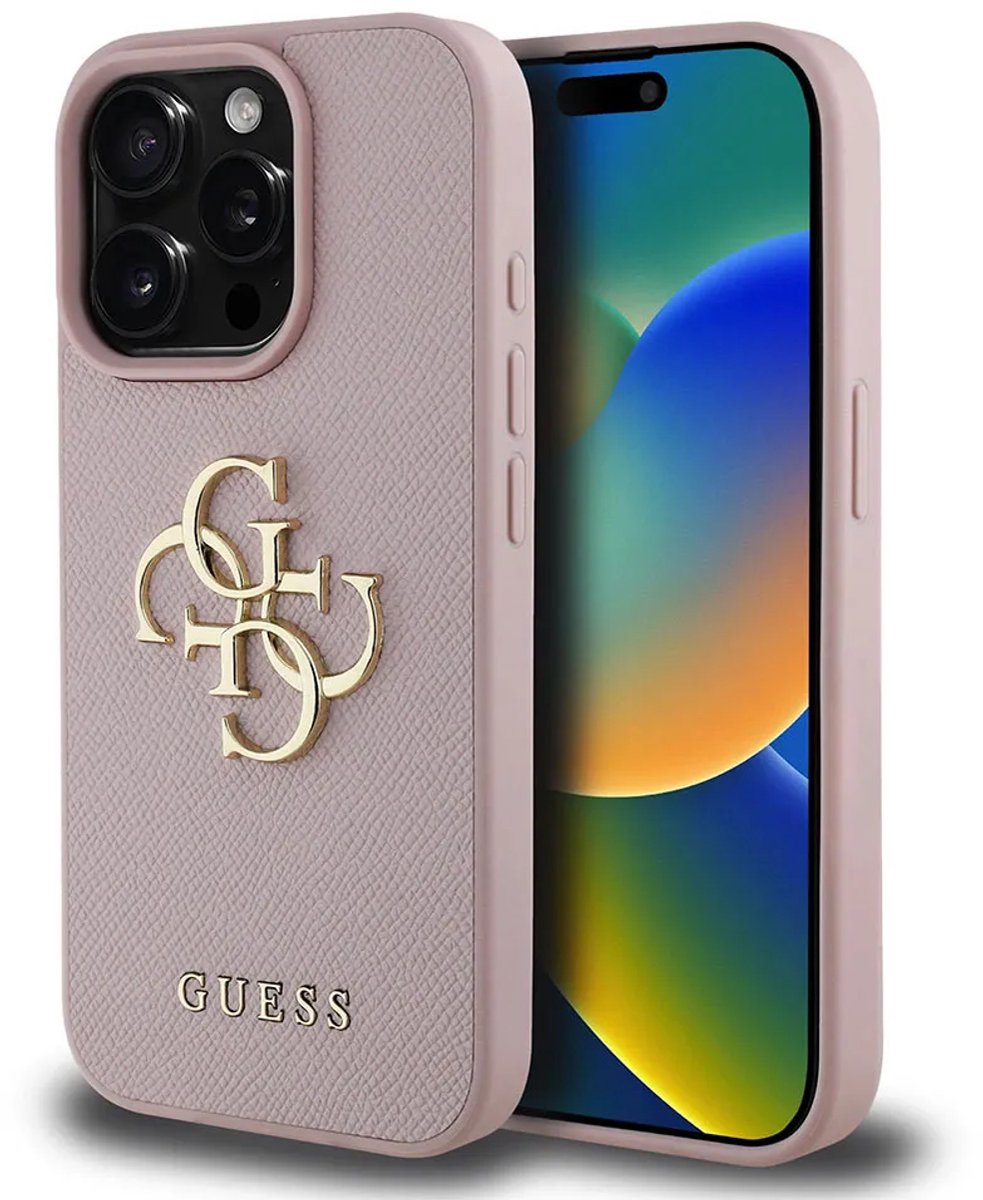 Guess Pu Grained 4g Metal Logo Iphone 15 Pro Telefoonhoesje Roze