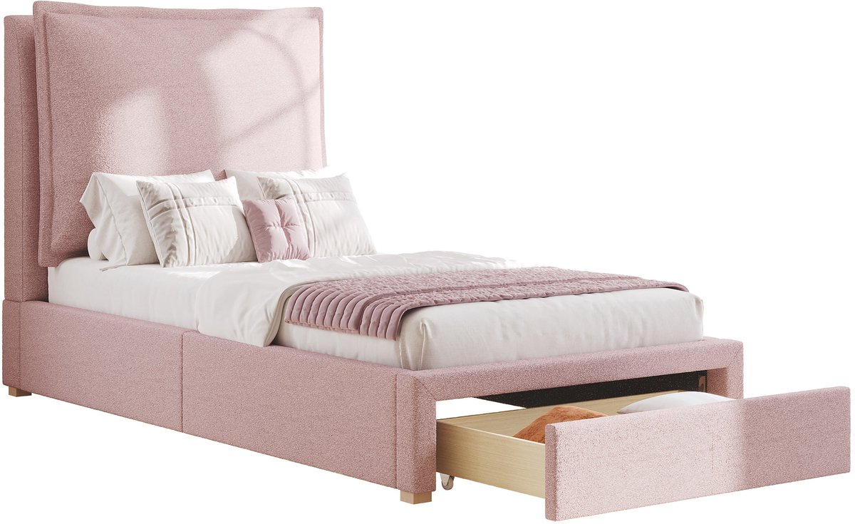 Merax Kinderbed 90x200 - Functiebed met Lade Opbergruimte - Roze Chenille Stof - Lattenbodem Inbegrepen - Verstelbaar Hoofdkussen - Zonder Matras