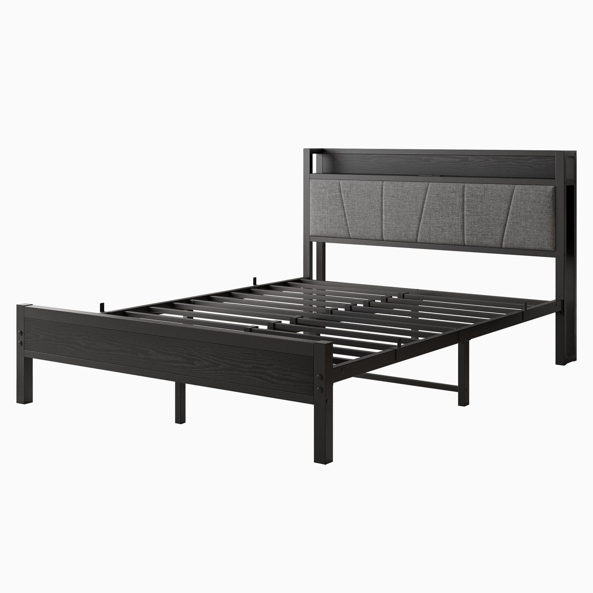 Merax Bedframe 140x200 - Zwart - Met LED Verlichting Met Afstandsbediening Via App - Hoofdbord Met Opbergvak - Met USB Oplaadpoorten En Stopcontact - Metalen Lattenbodem - Geen Boxspring Nodig