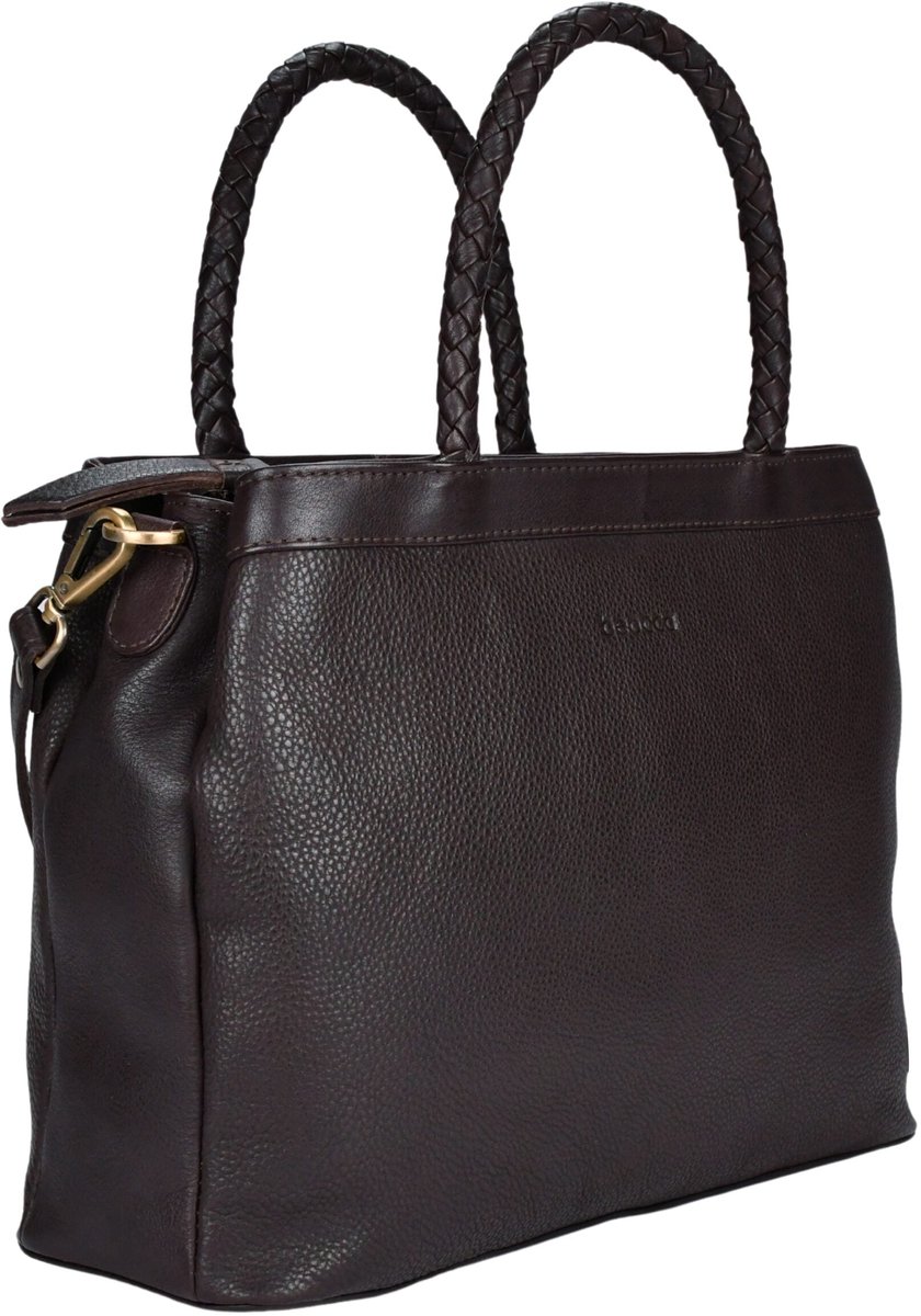 Beocca Beau Leren Handtas Dames - Mid-size Tas van Plantaardig Gelooid Leer - Handgemaakt - Gevlochten Handvatten - Gouden Details - Duurzaam en Elegant - Donkerbruin