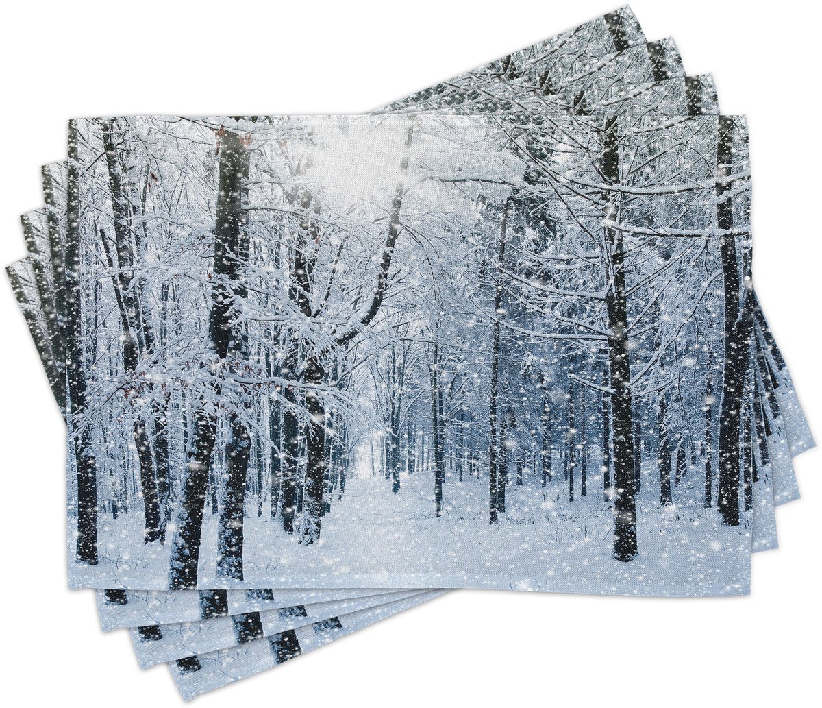 ABAKUHAUS Winter-placematten, besneeuwd boslandschap in de vroege ochtend, seizoens-kerststemming, tafeldecoratie van kleurvast stof voor eetkamer en keuken, blauw-grijs, wit, zwart