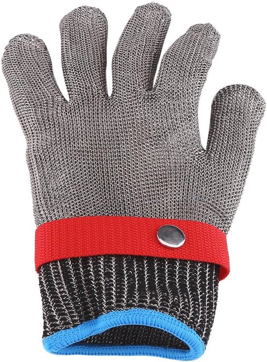Metalen handschoen met rode polsband en blauwe rand.