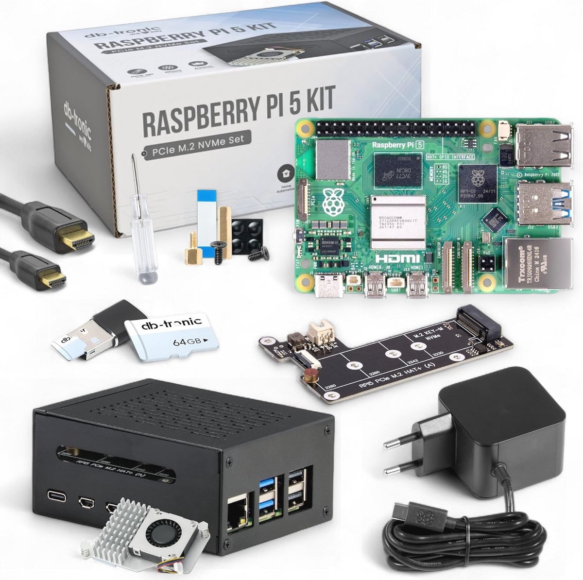 Raspberry Pi 5 4GB Set met Metalen Behuizing, Active Cooler, M.2 NVMe SSD PCIe Board, USB-C 27W Voeding en 64GB Kaart