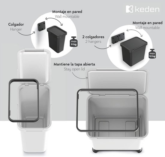 Keden Sorteer afvalbak/emmer - steengrijs - 25L - 24 x 40 x 37 cm Keden Sorteer afvalbak/emmer - steengrijs - 25L - 24 x 40 x 37 cm