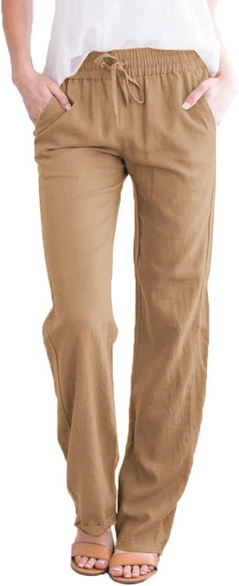 Dames Linnen Broek - Lange Zomerbroek - Casual Hoge Taille - Losse Palazzo met Zakken