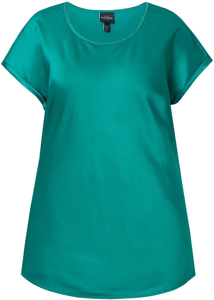 Ulla Popken - Dames - Satijnen overhemdblouse classic ronde hals met glitternaad - Groen blauw - Maat 58+