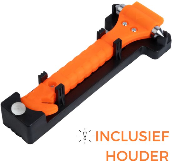 Oranje noodhamer met metalen punten en houder, met tekst 'INCLUSIEF HOUDER'.