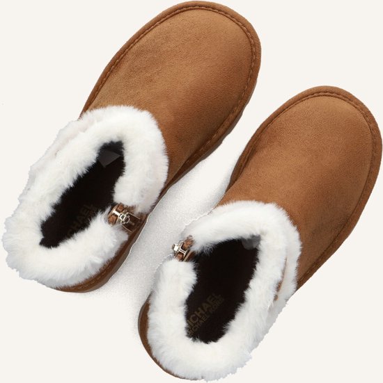 Bruine Michael Kors pantoffels met witte bontrand en MK detail.