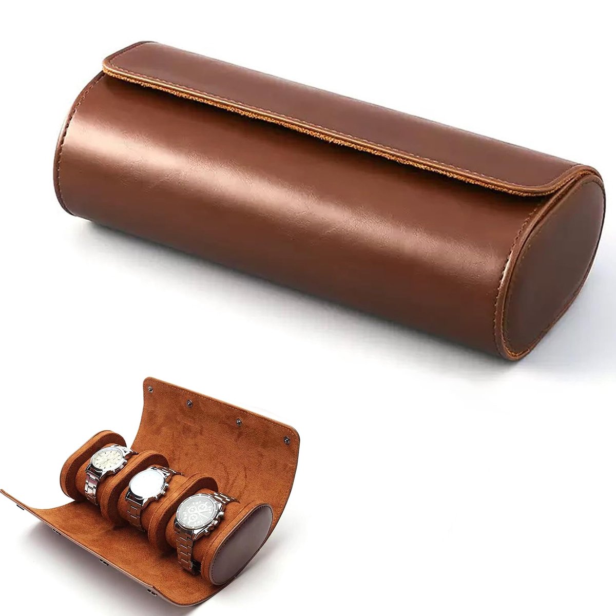 Horloge-organizer met 3 sleuven - Oprolbare opbergdoos voor horloges - Reishorlogebox van leer - Met uitneembare horlogepad - Horlogedisplaybox - Compact en draagbaar - Perfect voor horlogeliefhebbers - bruin