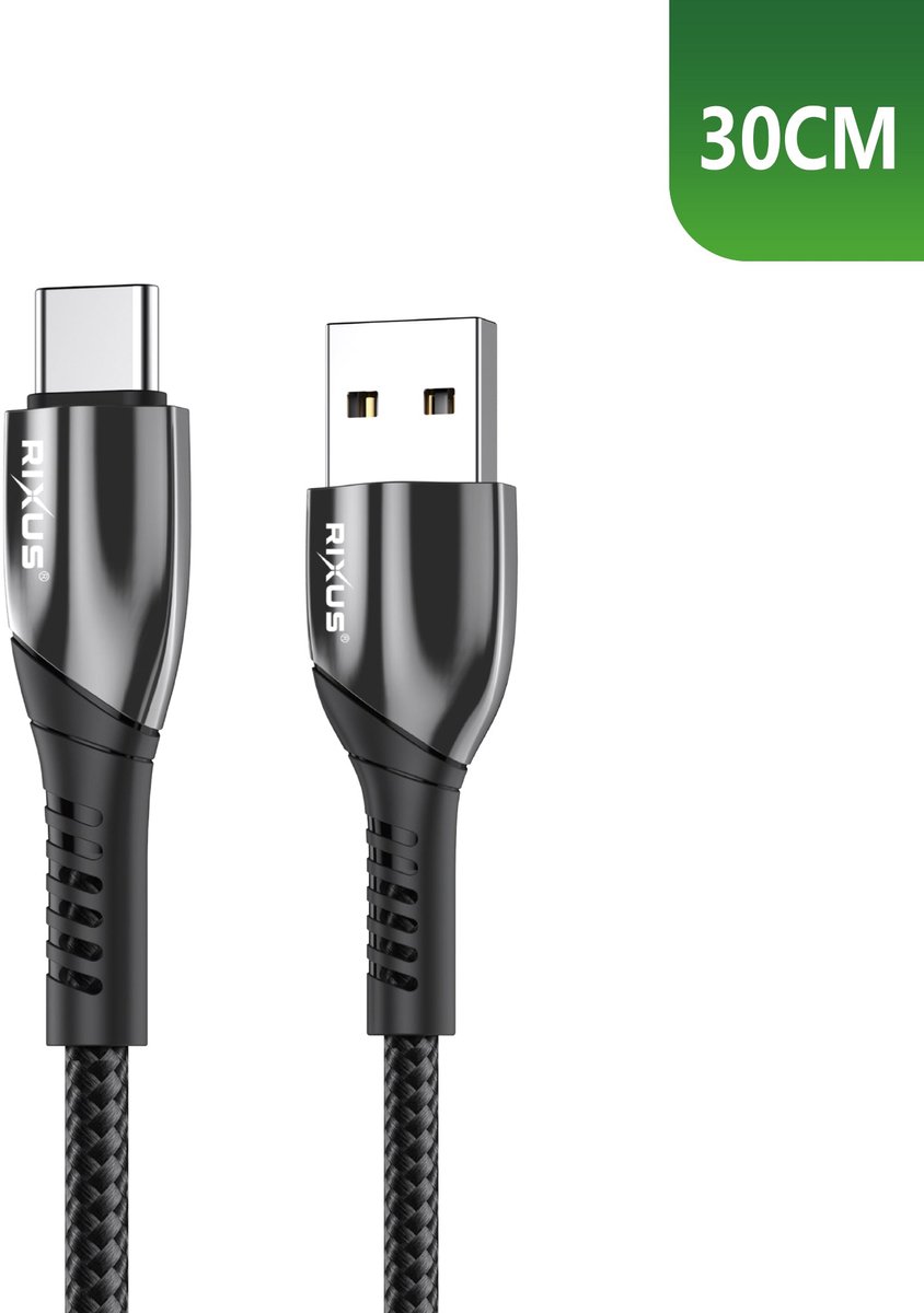 Rixus RXUC37AC Charging Cable USB-A To USB-C Braided Nylon 30cm Black
