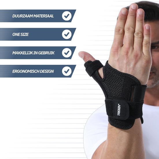 Zwarte duimbrace met klittenband om de pols van een man. Kenmerken: duurzaam, one size, makkelijk, ergonomisch.