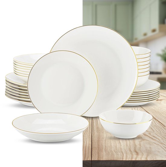 Service de table de Luxe – 32 pièces – 8 personnes – Porcelaine – Service d’assiettes – Assiettes plates – Assiettes à dessert – Bols – Set – Wit