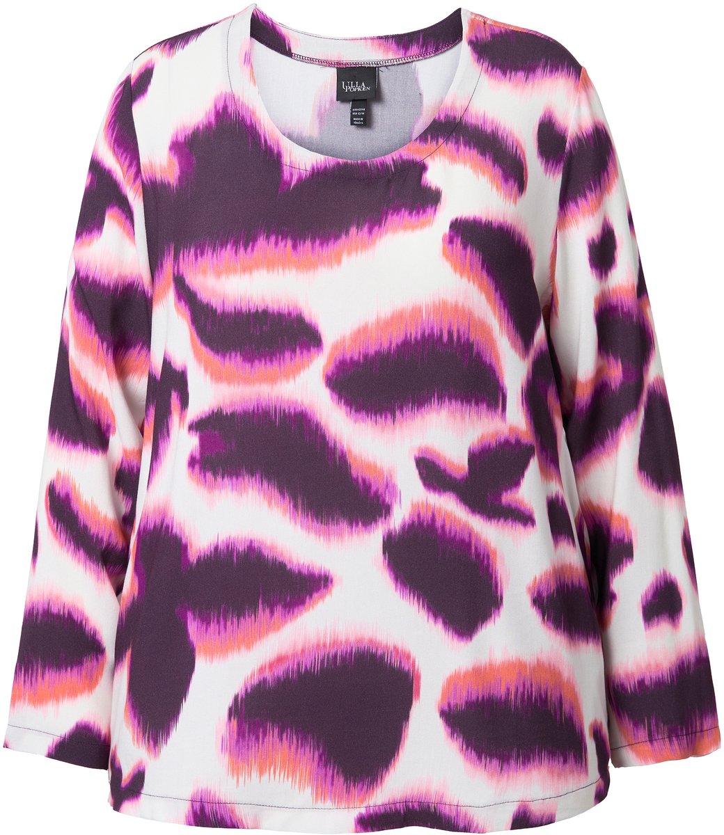 Ulla Popken - Dames - Overhemdblouse print ronde hals lange mouw - Donkerpruim - Maat 62+