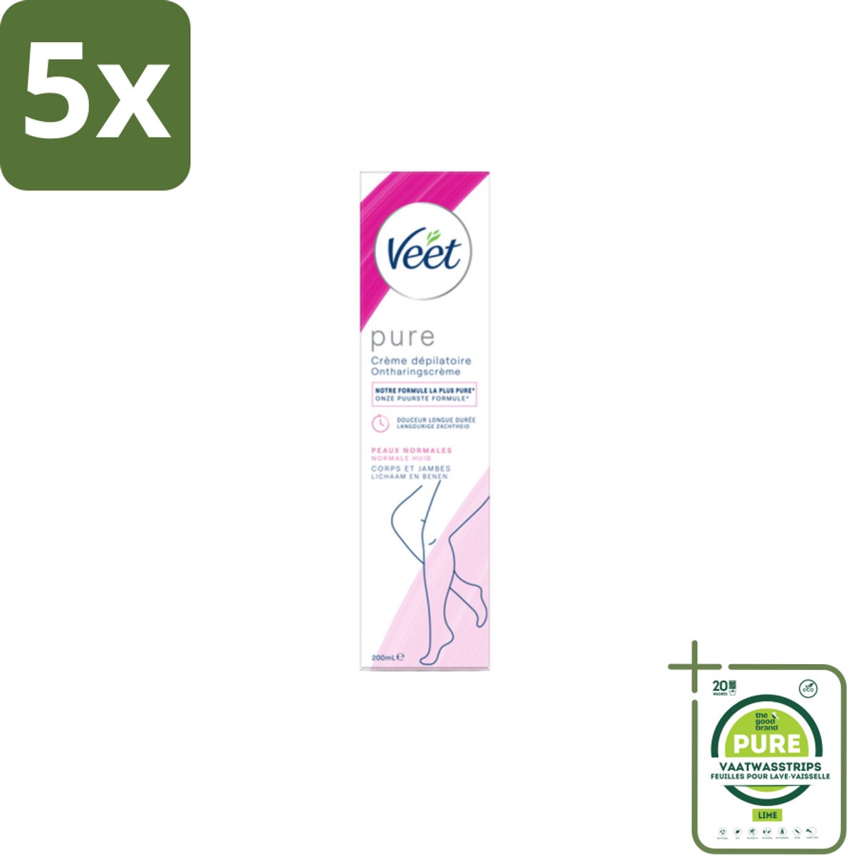5 x Veet Ontharingscrème Pure Normale Huid 100 ml - Grootverpakking - Ontharingscrème - Veet - Gladde Huid - Zachte Huid - Ontharen Benen