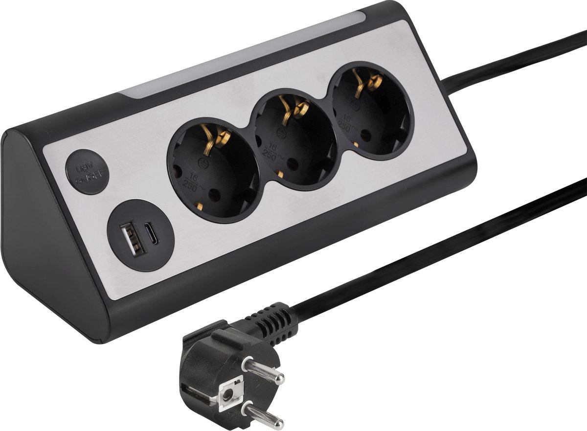 Q-Link stekkerdoos - 3-voudig - randaarde - 1 x USB-A 1 x USB-C - met LED lamp - 3 x 1.5 mmÂ² - 1.5 m - RVS-look/zwart