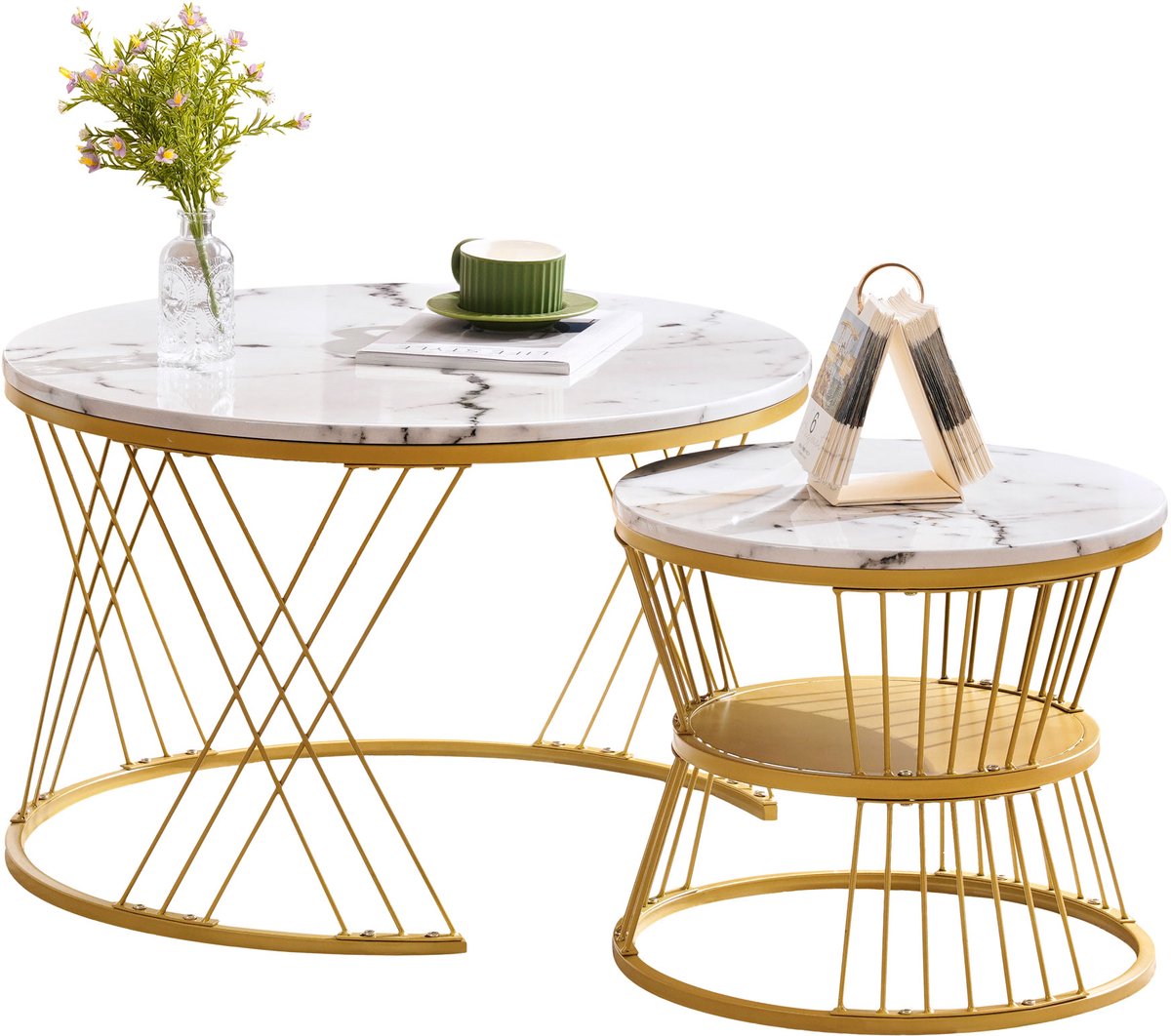 MODFU Set van 2 salontafels, rond, 70*70*47cm en 45*45*40cm, MDF hoogglans marmerfurnier, nesttafels Wit