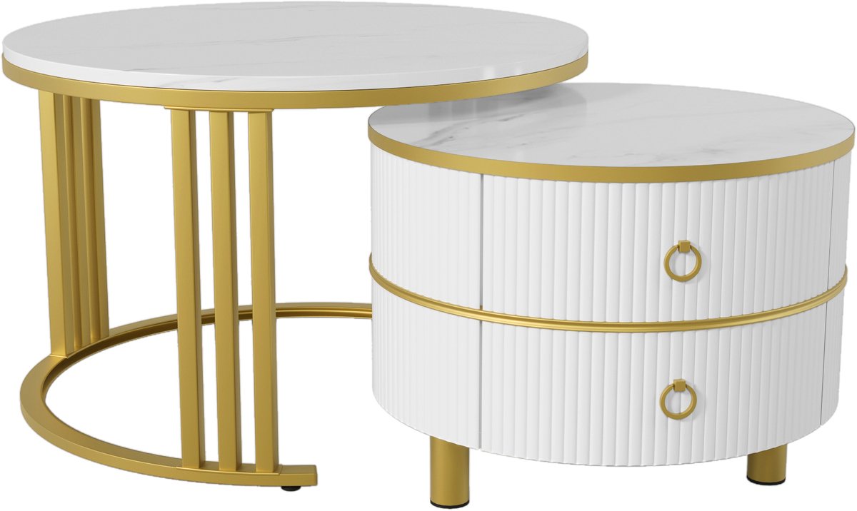 MODFU Set van 2 salontafels 70x70 cm + 50x50 cm van MDF, wit met marmerpatroon en hoogglans, met 2 lades