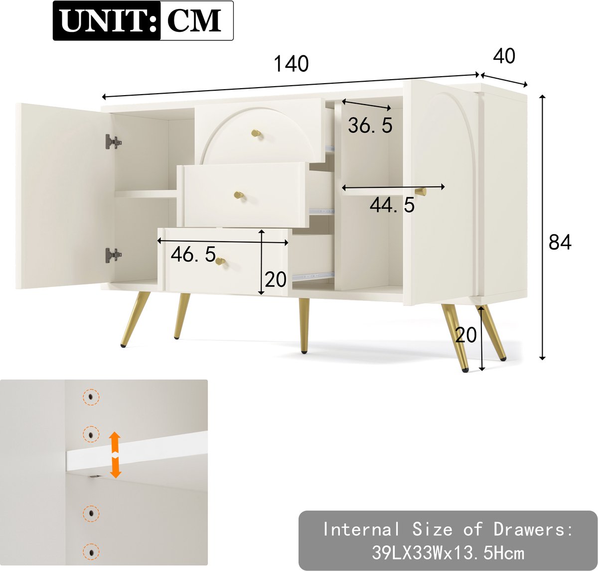 MODFU Dressoir H84/B140/T40 cm van spaanplaat en metaal, crème-wit, gebogen front, 2 deuren en 3 lades Crème wit