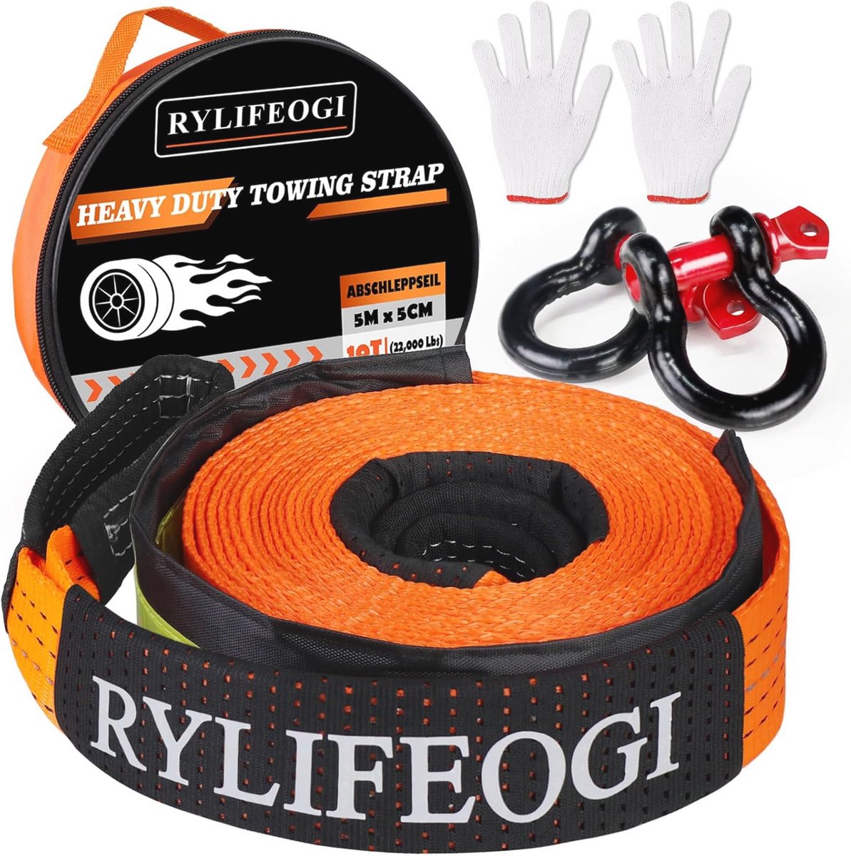 Sleepkabel 10 ton (22,000 lbs) 5 m x 5 cm Met 2 Versterkte Haken en Handschoenen voor Off-Road Noodgeval