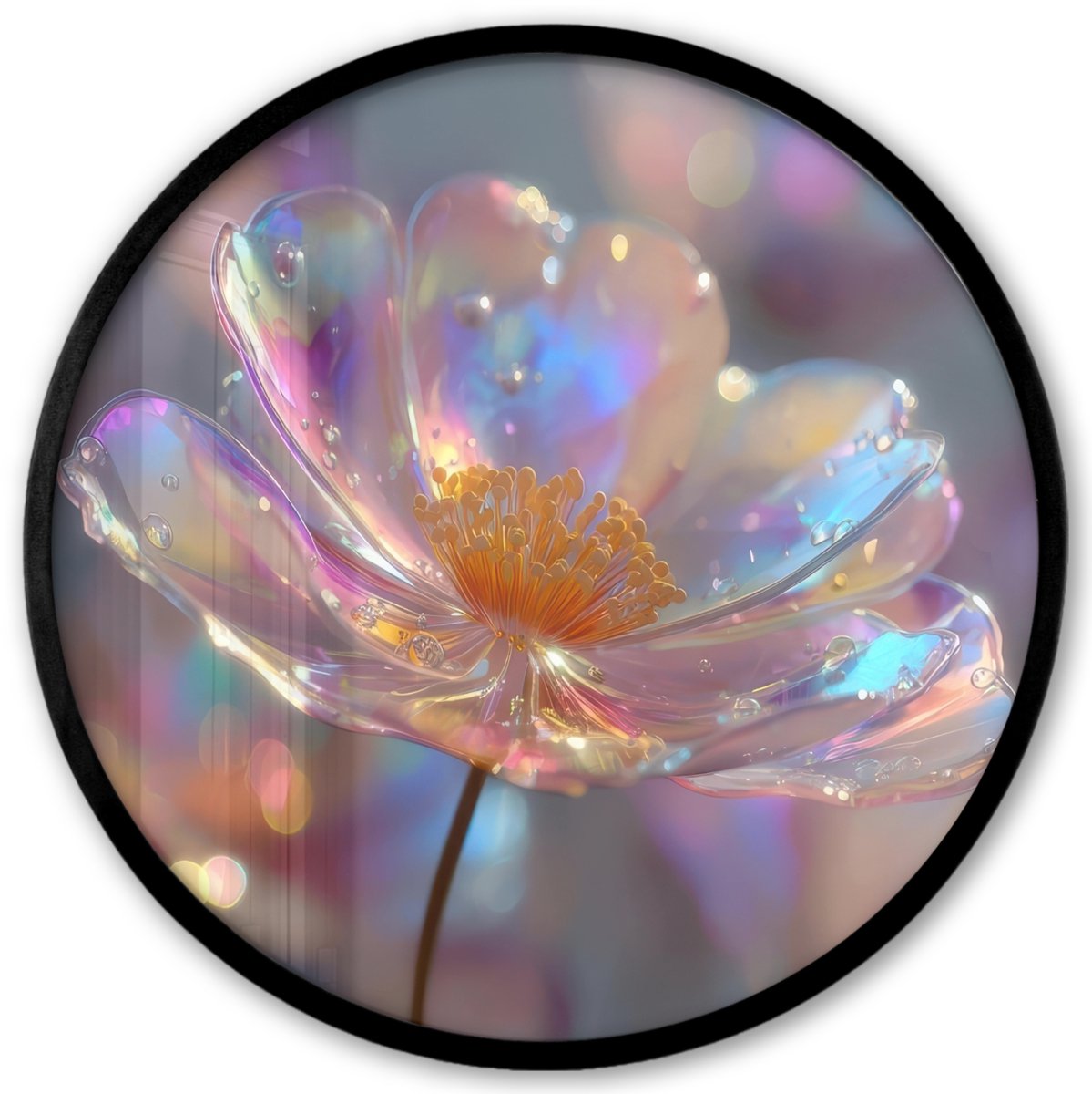 FrameYourWall Poster in lijst Rond - Fotolijst 40x40 cm - Posters - Bloem - Transparant - Pastelkleuren - Druppels - Ronde posterlijst zwart - Decoratie - Wanddecoratie woonkamer - Muurdecoratie slaapkamer Bloem - Transparant - Druppels