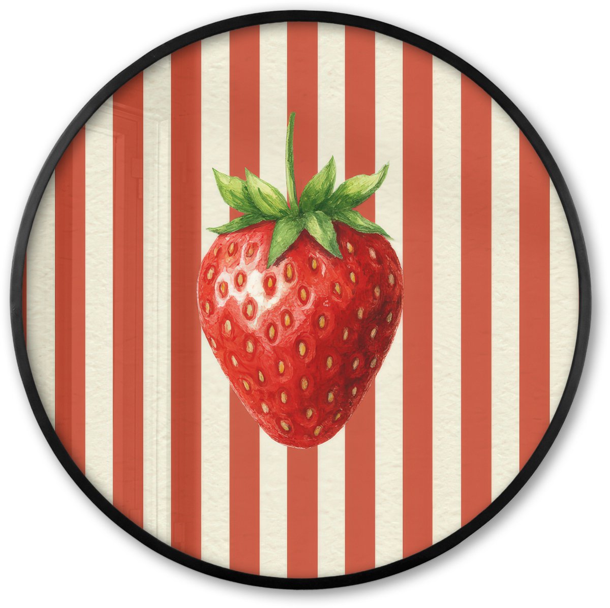 FrameYourWall Poster in lijst Rond - Fotolijst 80x80 cm - Posters - Aardbei - Strepen - Rood - Ronde posterlijst zwart - Decoratie - Wanddecoratie woonkamer - Muurdecoratie slaapkamer Multicolor