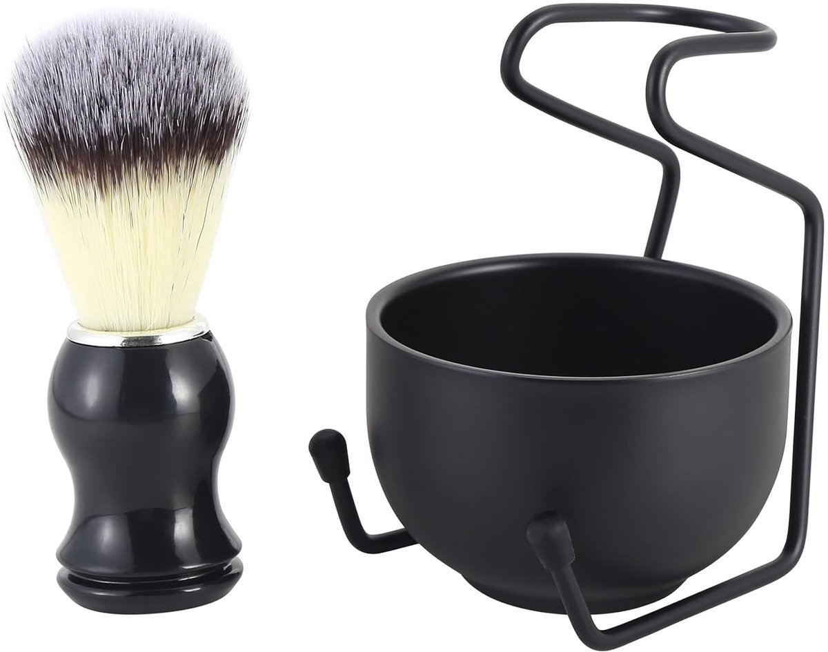 Scheerset - Scheerkwast & Metalen Houder -scheermes-RVS houder- Scheerkwast, kom & houder - cadeautip - Zwart - Black - Vaderdag cadeau