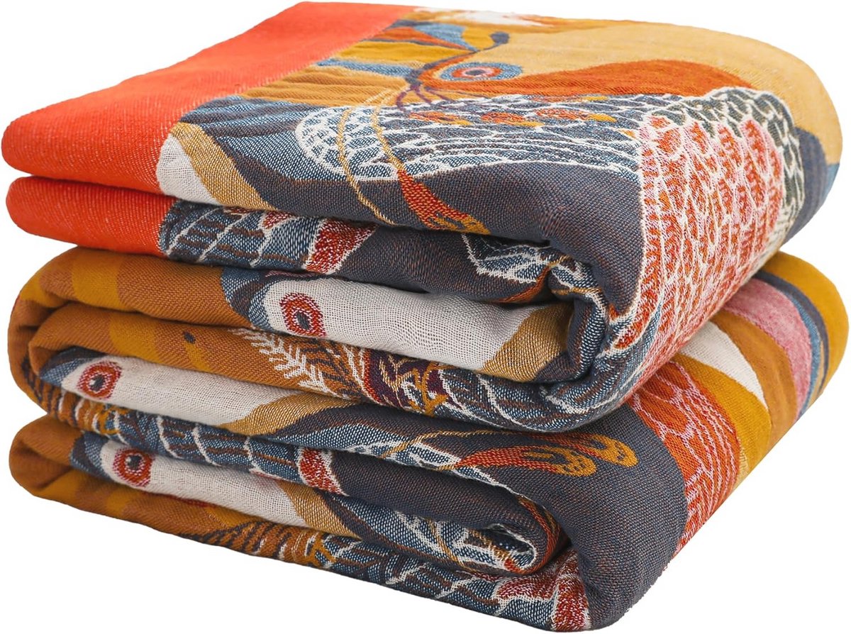 Dubbelzijdige plaid van biologisch katoen - Warm en zacht - Boheemse vogeldecoratie voor sofa en bed - 230 x 250 cm - Oranje